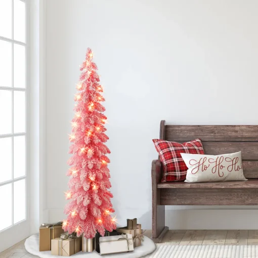 Cheap The Holiday Aisle 4' H Slender Pink Pine Flocked/Frosted Christmas Tree With 50 Lights