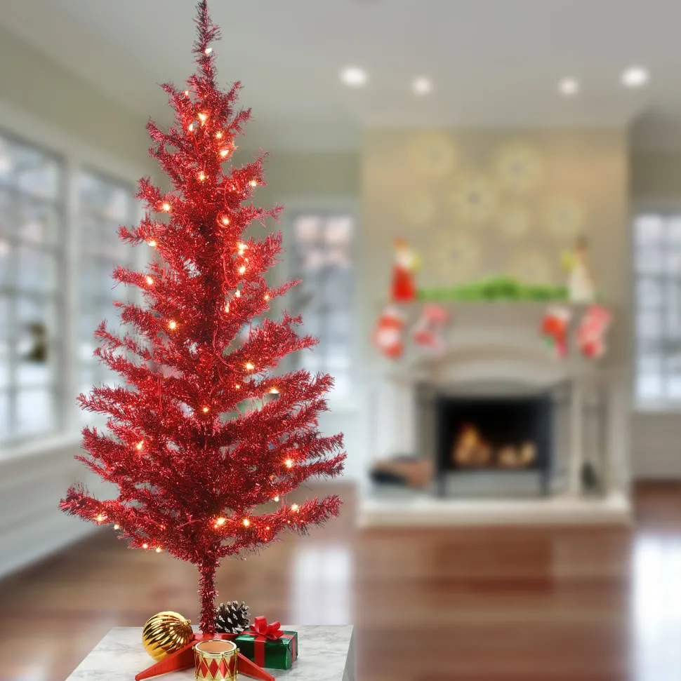 Online The Holiday Aisle Tinsel Trees Red Pine Artificial Christmas Tree With Color & Clear Lights